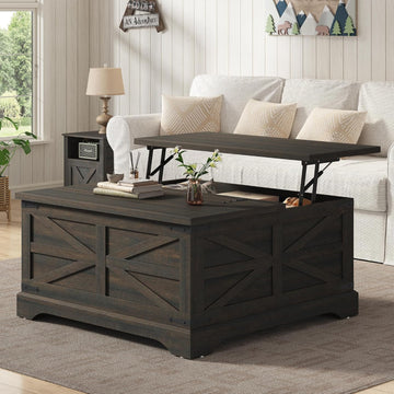 35.5''W Square Coffee Table Farmhouse Lift top Coffee Table with Large Hidden Storage, Wood Center Table, Dark Brown