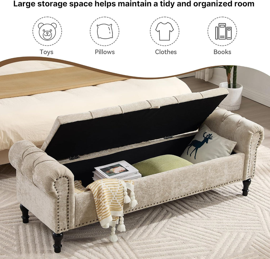 Storage Bed Bench , Chenille 67" End of Bed King Size Benches with Armrest, Tufted Button Upholstered Ottoman Bench