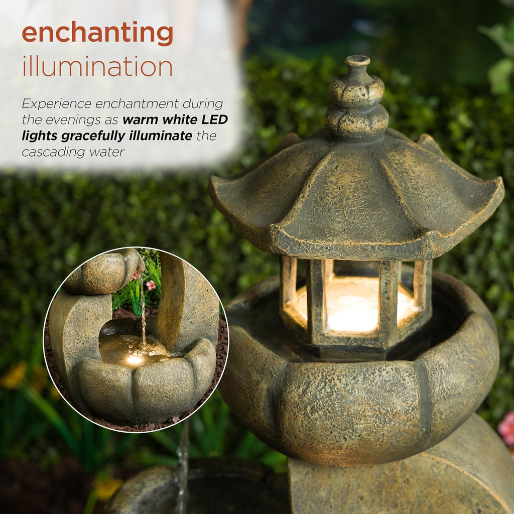 32" Tall 2-Layer Pagoda Polystone Fountain with LED Lights, Cascading Waterfall, Outdoor Garden and Patio Water