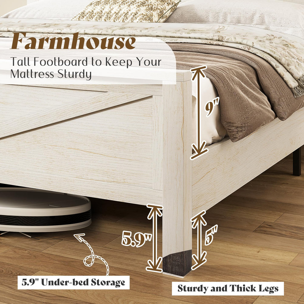 King Size Farmhouse Platform Bed Frame with Bookcase Storage Headboard, Built-in Power Outlet & USB Ports, Rustic