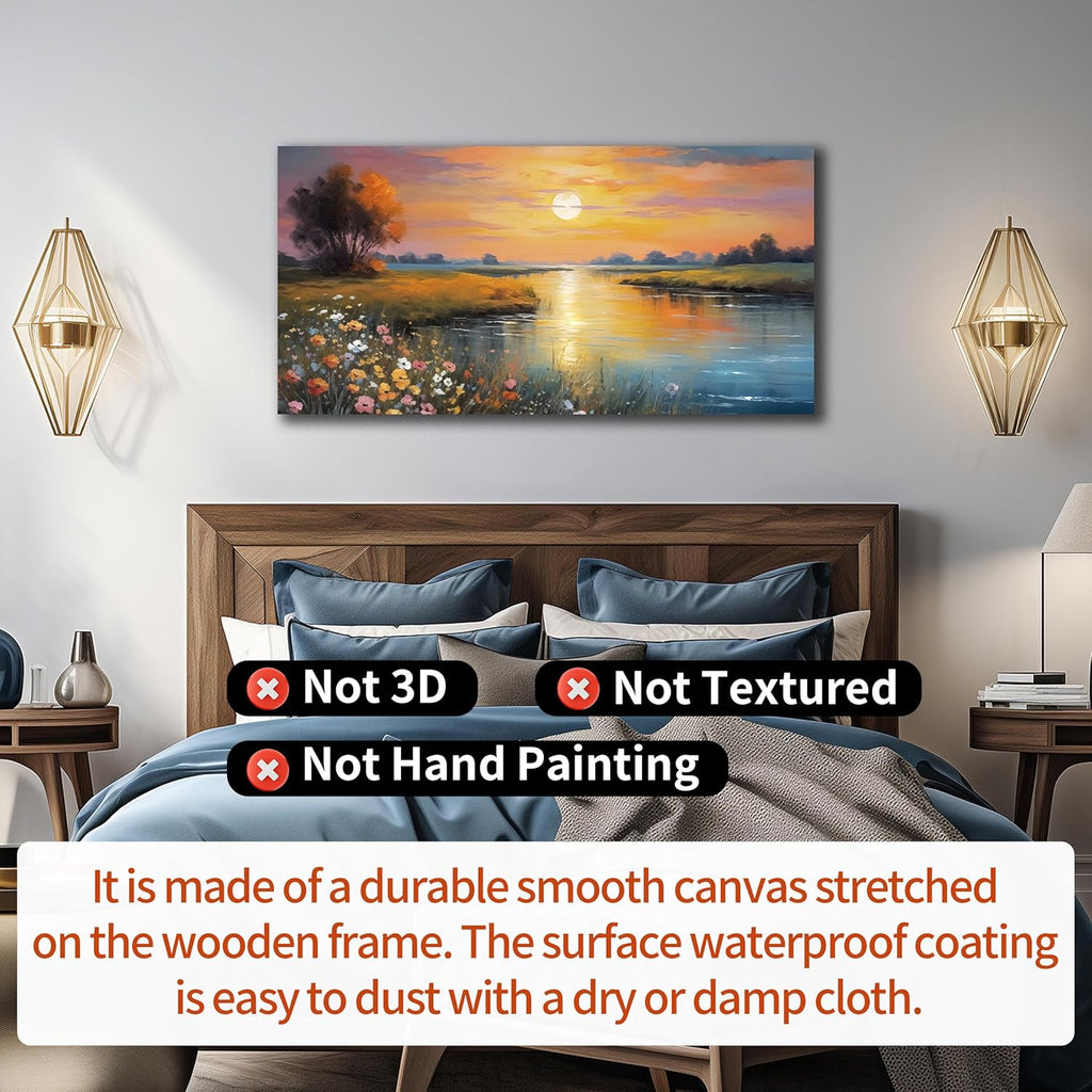 Orange Yellow Sunset Lake Landscape Canvas Wall Art with Vibrant Colorful Wildflowers & Distant Mountain, Serene