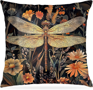 Rustic Autumn Floral Dragonfly Pillow Covers 18x18,Dragonfly Gifts for Women,William Morris Inspired Vintage Dark