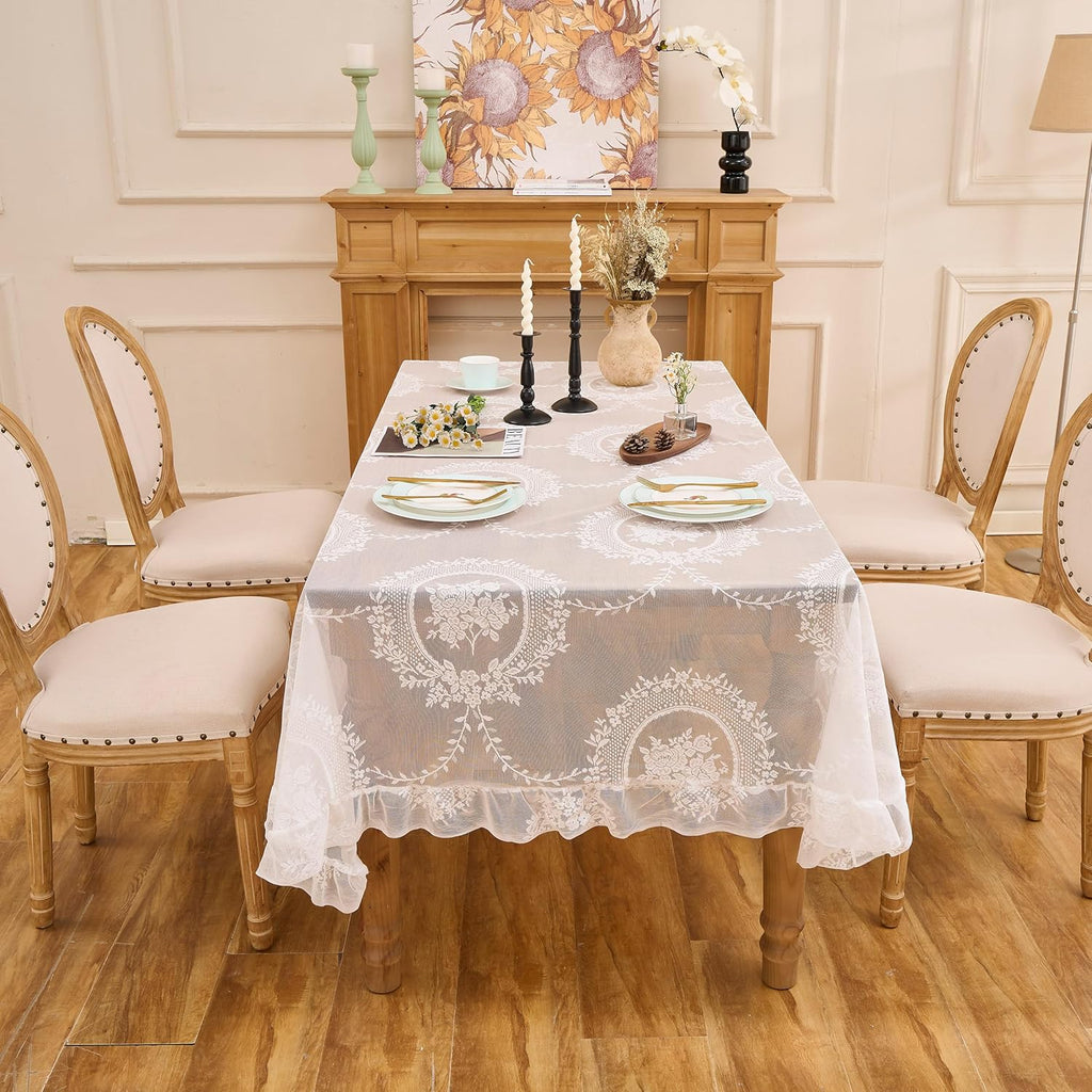 Lace Tablecloth with Ruffled Hem, Floral Embroidered Table Cover, Vintage Elegant Style (White, 55”x