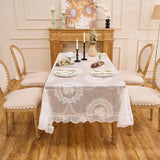 Lace Tablecloth with Ruffled Hem, Floral Embroidered Table Cover, Vintage Elegant Style (White, 55”x
