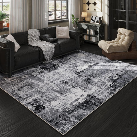 5x7 Washable Boho Abstract Area Rug, Non-Slip Faux Wool Carpet for Living Room Bedroom Grey Black