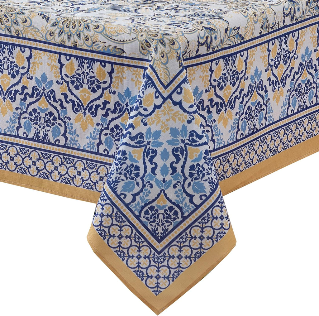 Rectangle Fabric Tablecloth, 60 x 84 Inch, Allure Yellow and Blue Floral Bordered Print, Indoor Outd