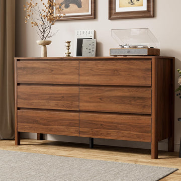 55" Mid-Century Modern Dresser , 6 Drawer Wide Chest of Drawers with Wood Legs, Large Storage Bedroom Dresser, Walnut