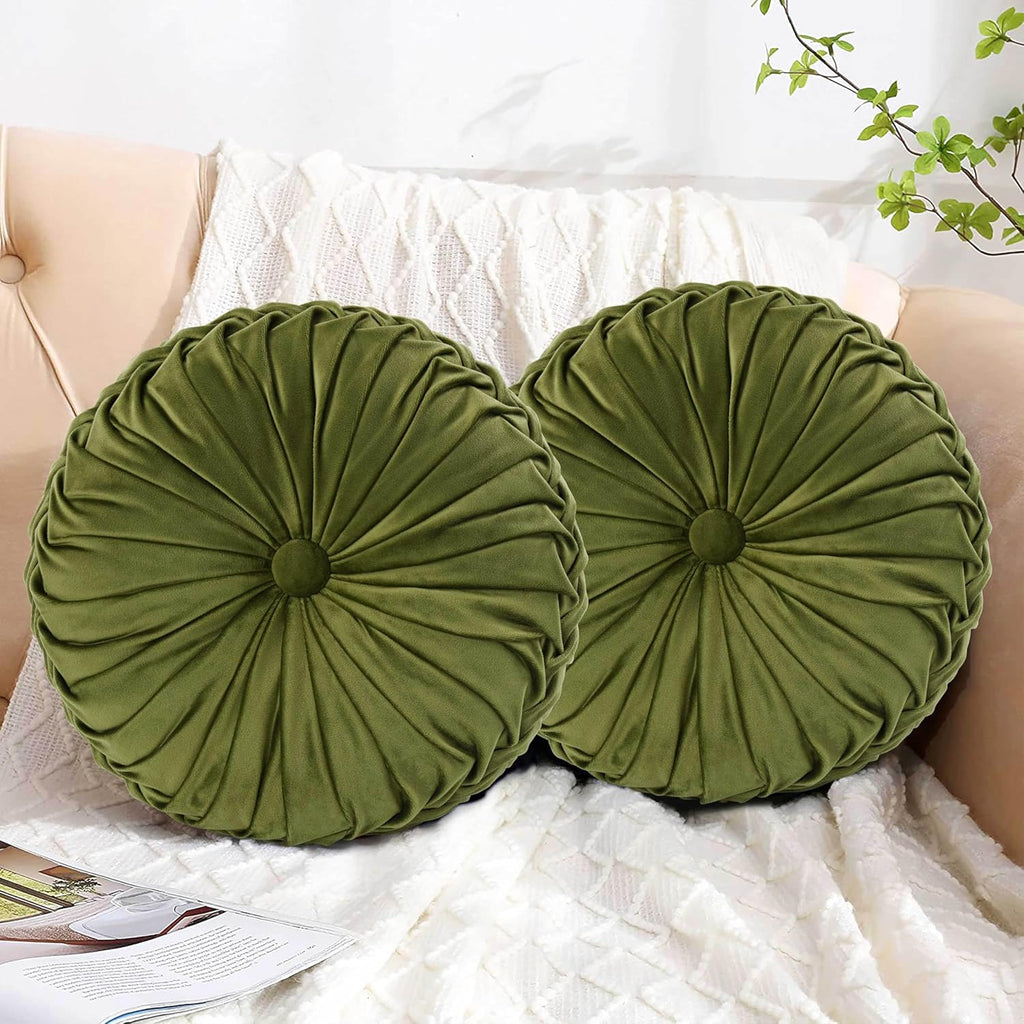 Set of 2 Decorative Round Pleated Throw Pillows, Classy Accent Pumpkin Throw Pillows with Center Button, Vintage