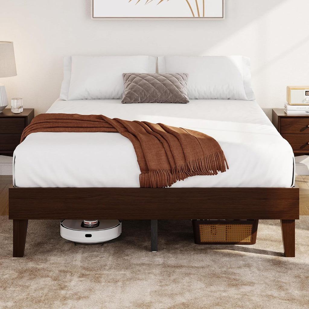Queen Bed Frame Natural Solid Wood Platform Bed with Wooden Slats Support, 7.3-inch Underbed Space for Storage