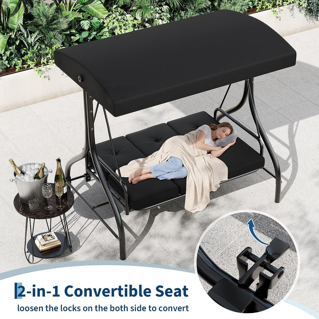 3 Seater Outdoor Porch Swing with Stand for Adults, 2-in-1 Convertible Design Patio Swing, Thick Soft Cushion &