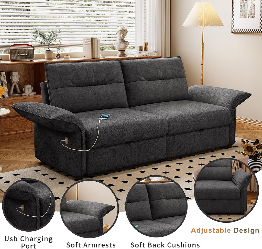 85'' Full Size Sleeper Sofa, Flannel Pull Out Couches, Flannel Dark Grey | 3 in 1 Convertible Sofa, Assembly for