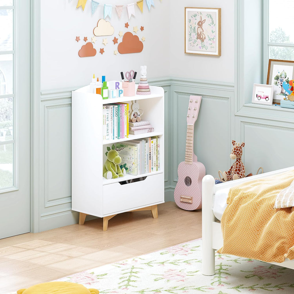 Kids Bookshelf, Children Bookcases with Drawer, Toy Storage Organizer | Corner Book Shelf for Kids Rooms, Solid Wood