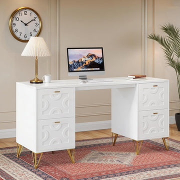White and Gold Computer Desk, 59'' Modern Writing Table with File Drawers