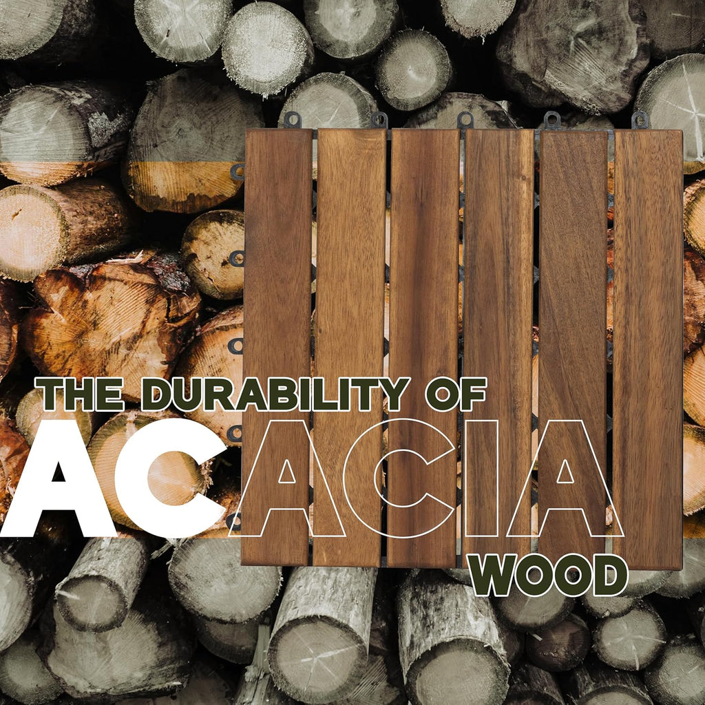 Natural Acacia 12x12 Interlocking Wood Deck Tiles for Balcony, Garden, Patio, Poolside Decor - Waterproof Indoor &