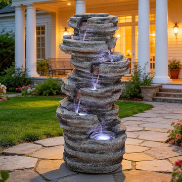 Extra-Large 6-Tier Outdoor Water Fountain with LED Lights, Cascading Rock Waterfall for Garden Patio Porch