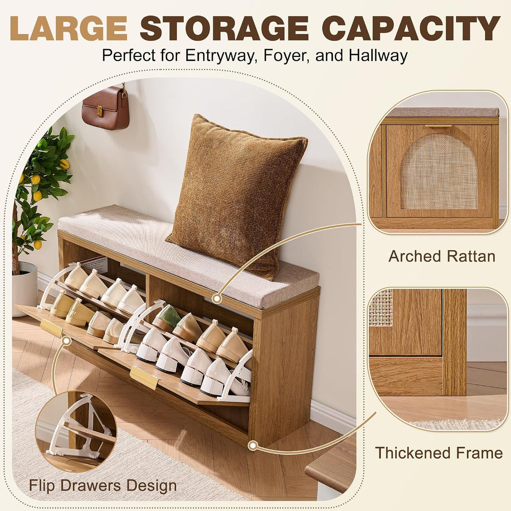 Rattan Narrow Entryway Bench with Shoe Storage, 2 Flip Drawers & Coat Rack, Mid-Century Modern Wood Shoe Cabinet with
