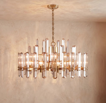 Inspired Bonnington Style 36 Inch Round Crystal Chandelier Lacquered Burnished Brass - Main Product View