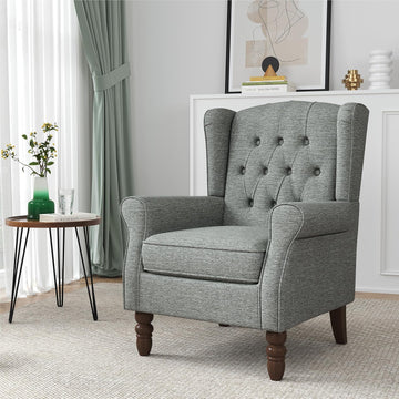 High Back Accent Chair, Tufted Wingback Chair , Grey | Button-Tufted Upholstered Armchair with Solid Wood Legs