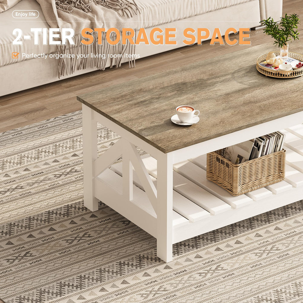 Farmhouse Coffee Table with Storage, Gray & White