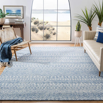Micro-Loop Area Rug - 9' x 12', Blue & Ivory, Handmade Moroccan Boho Tribal Wool