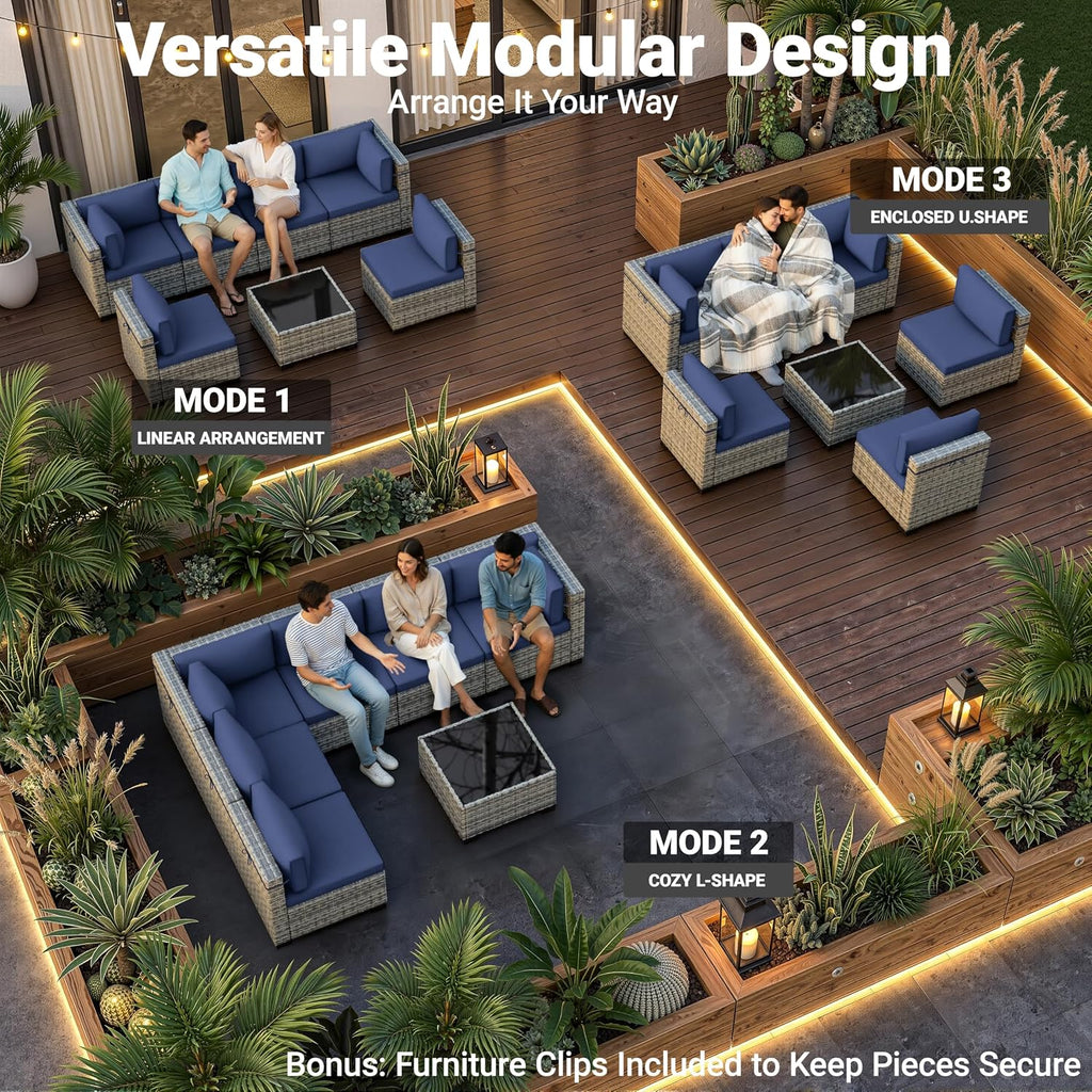 Outdoor PE Wicker Rattan Modular Patio Sectional Sofa Set | 7-Piece: 6 Modular Seats & Coffee Table with Thick
