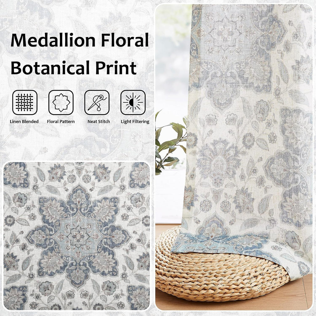 Navy Blue Floral Pinch Pleated Light Filtering Curtain Panel, 40"Wx90"Lx2