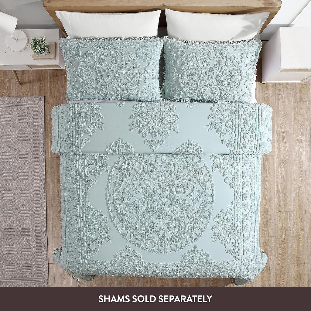 Medallion Queen Cotton Chenille Bedspread, Blue