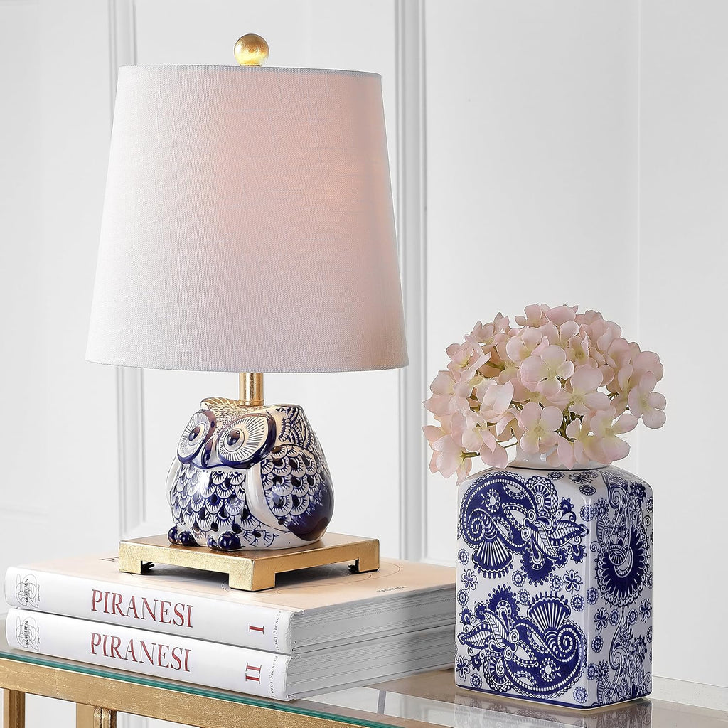 16" Blue/White Ceramic Owl Mini Table Lamp or Office, Modern Farmhouse Nightstand Lamp with White Linen Shade