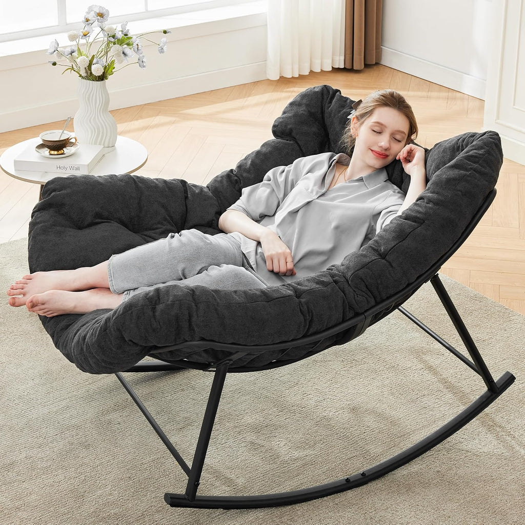 Oversized Papasan Rocking Chair with Cushion, Indoor Outdoor, Dark Grey | Lounge Chair with Cushion, Patio Egg Rocker