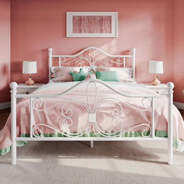 Full Bed Frame with Headboard,Metal Bed Frame with Butterfly Pattern Design Headboard & Footboard,No Box Spring