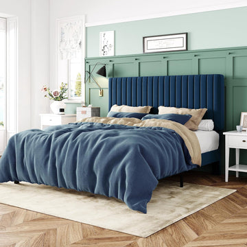 Queen Bed Frame, Velvet Upholstered Platform Bed with Adjustable Vertical Channel Tufted Headboard