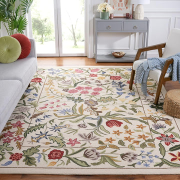 Chelsea Area Rug, Ivory & Green, French Country Floral Design, Handmade Wool