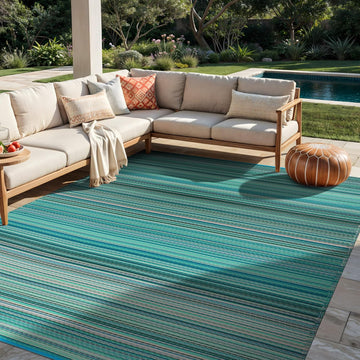 Contemporary Stripe Patio Deck Backyard Area Rug Blue