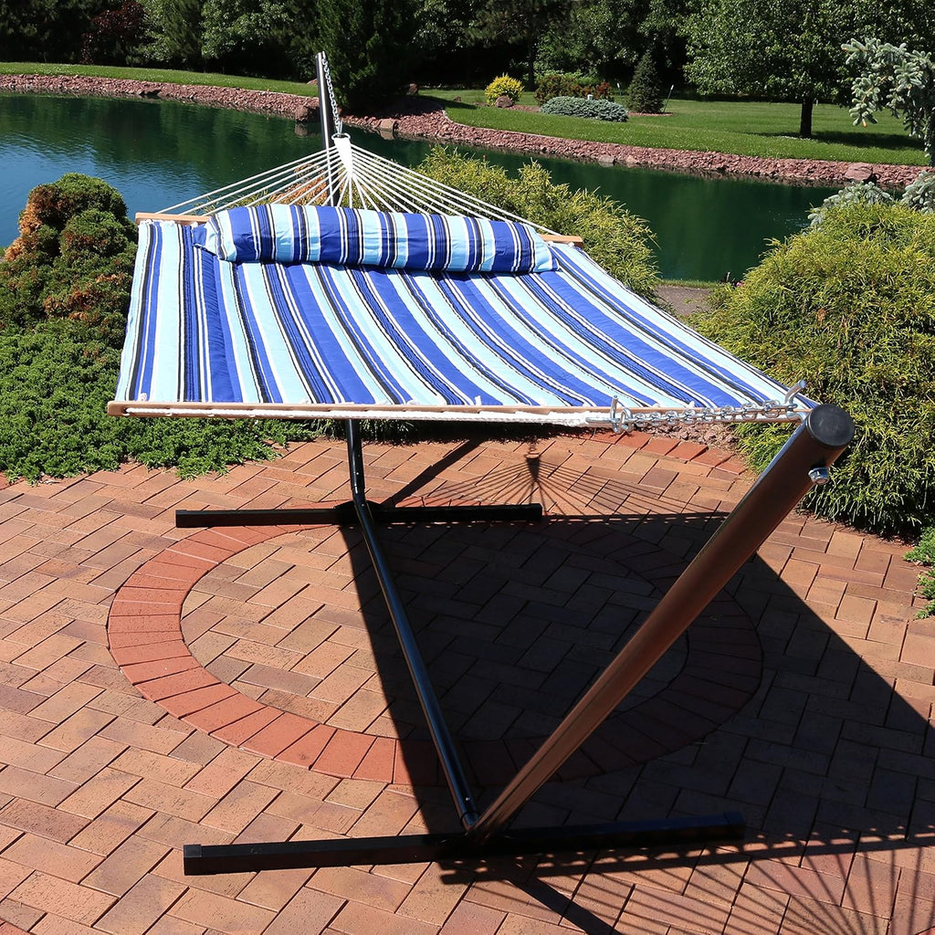 Double Outdoor Hammock with Stand, Catalina Beach | 400 lb Capacity Quilted 2 Person Hammock with Stand, Pillow