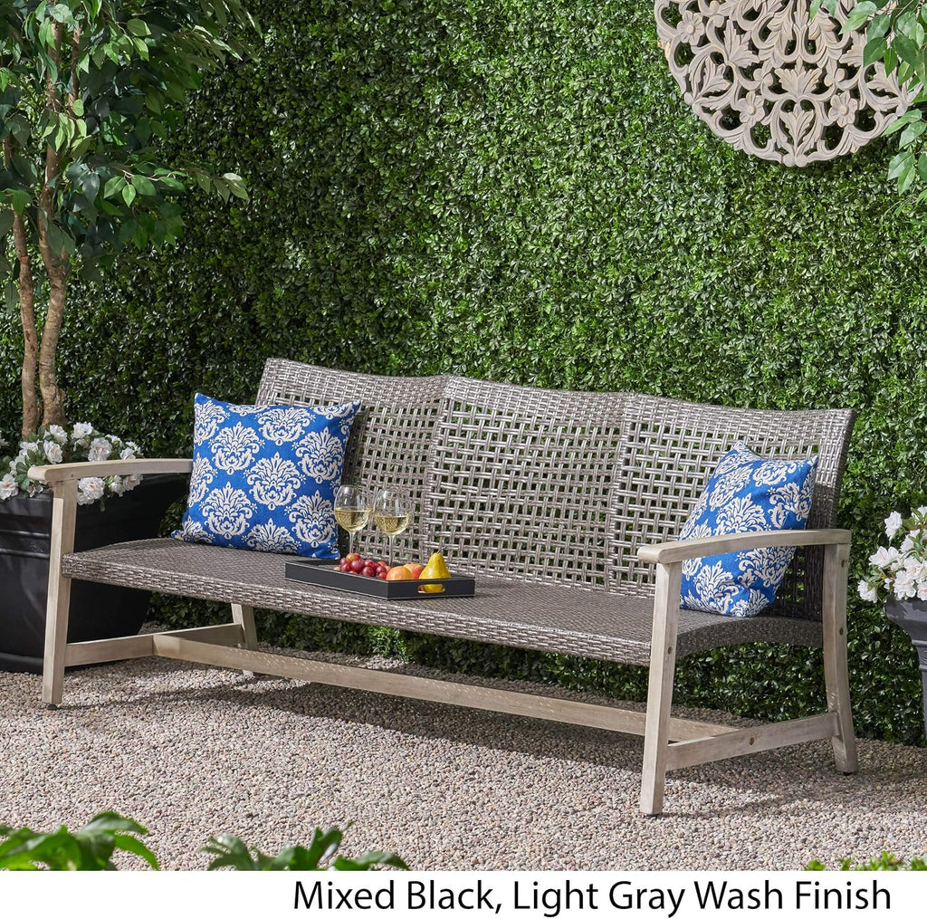 Marcia Outdoor Wood and Wicker Sofa, Light Gray Finish with Mix Black Wicker,Mixed Black, Light Gray Wash