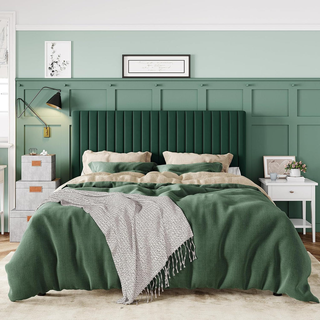 Queen Bed Frame, Velvet Upholstered Platform Bed with Adjustable Vertical Channel Tufted Headboard