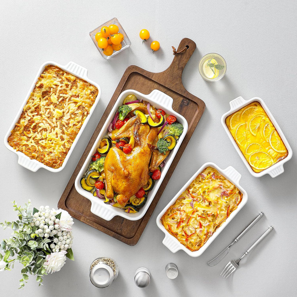 Casserole Dishes for Oven, Ceramic Dishes Set of 4, White | Rectangular Deep Lasagna Pans with Handles for Roasting
