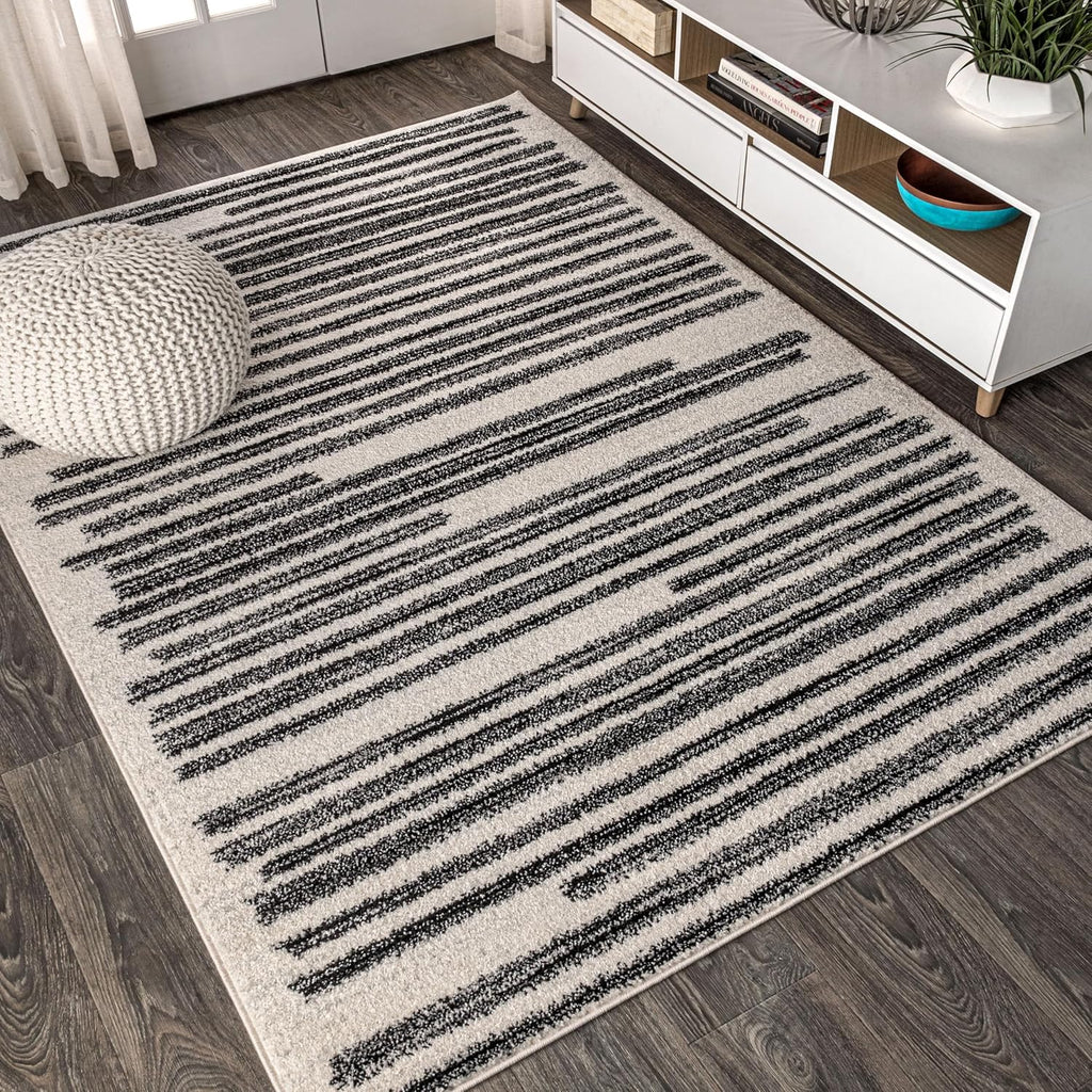Y Khalil Modern Berber Stripe Cream/Black Indoor Area Rug, 8x10, Contemporary, Bohemian