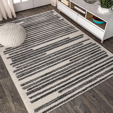 Khalil Modern Berber Stripe Cream/Black Area Rug, 12x15, Contemporary, Bohemian, Easy-Cleaning