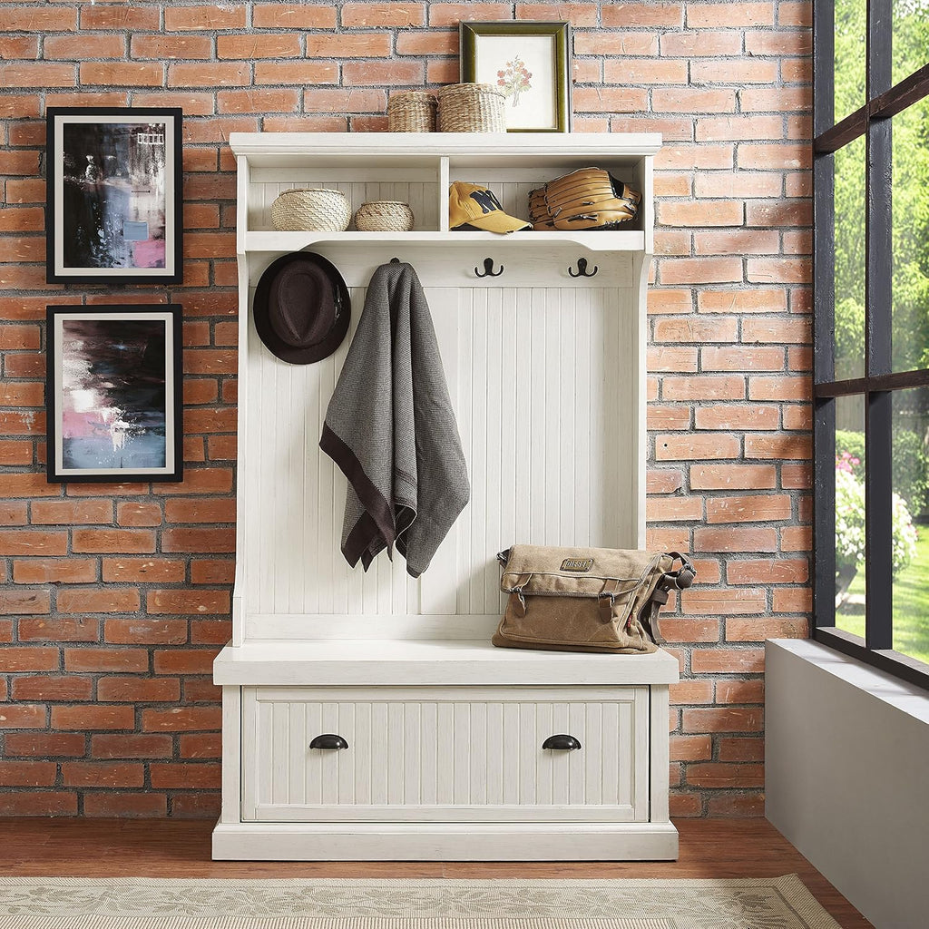 Seaside Hall Tree with Shoe Rack Bench and Coat Hooks for Hanging Storage, Distressed White