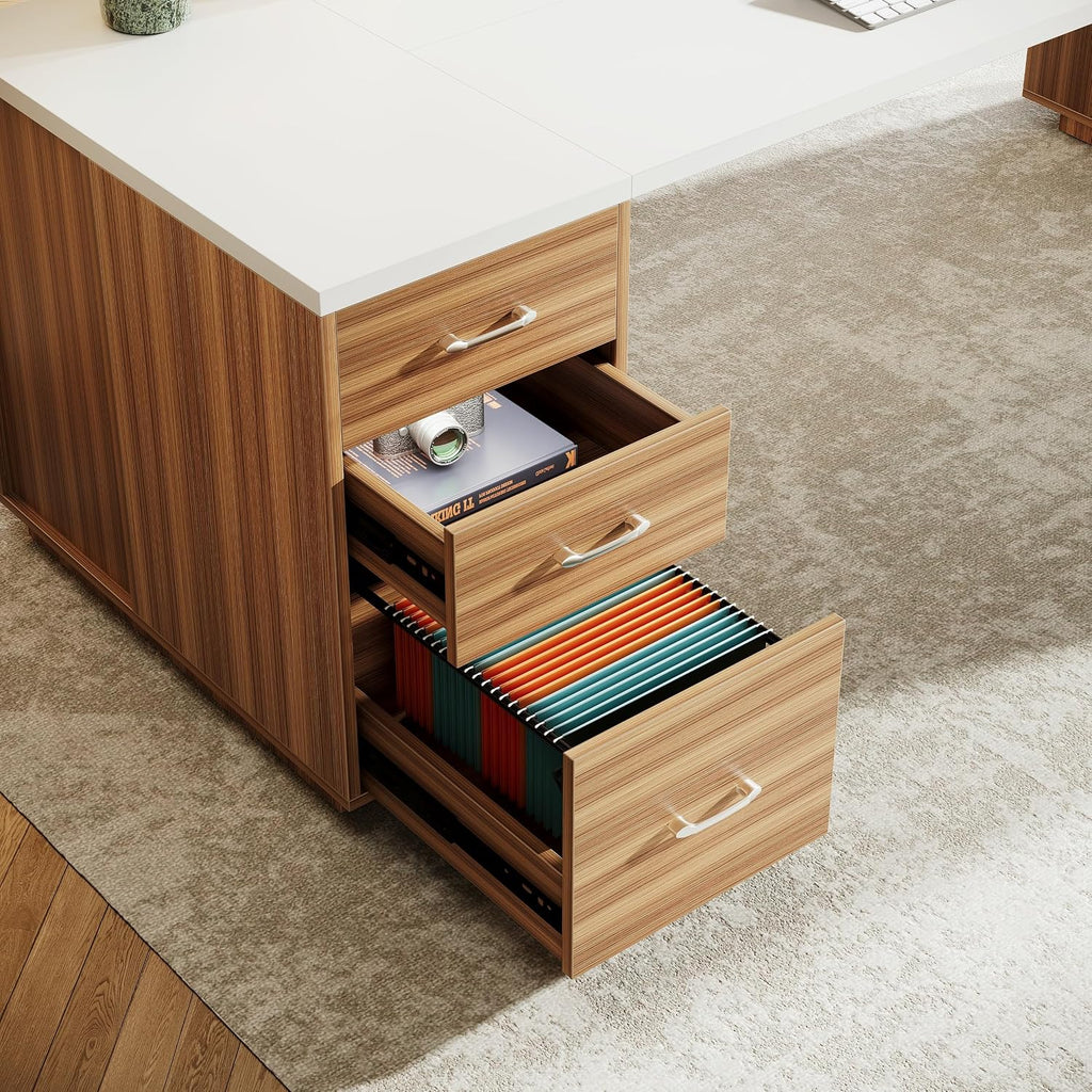 85.8-Inch L-Shaped Executive Office Desk with File Drawers & Storage Cabinet