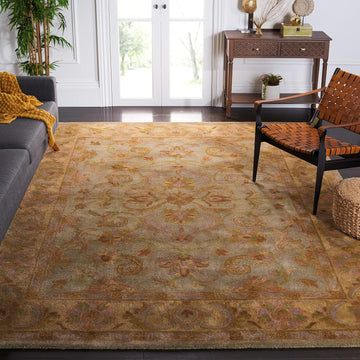 Heritage Collection Area Rug, Green & Gold, Handmade Traditional Oriental Wool, Ideal for High Traffic