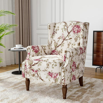Wingback Accent Chair, High Back Armchair , Beige | Ergonomic Design | Linen Fabric | High-Resilient Foam Seat |