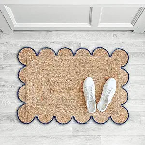 Scalloped Natural Jute Area Rug, Navy Trim, 2x3
