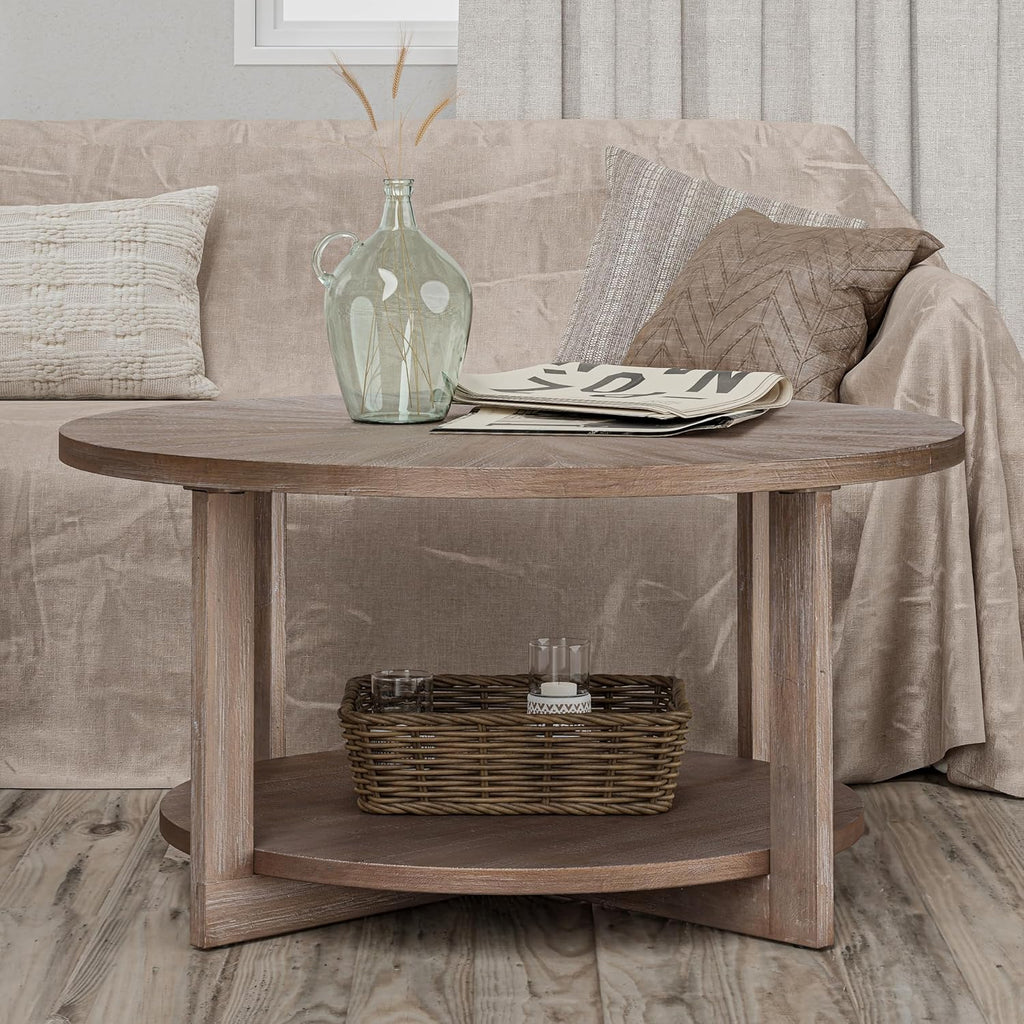 Round Wood Coffee Tables with Storage, Rustic Farmhouse Coffee Table with Distressed Wood Top, Large Circle Table