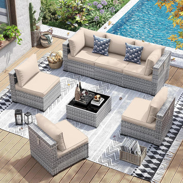 Patio Furniture Set, 7 Pieces PE Wicker Sectional Sofa with Tea Table, Outdoor Conversation Set , Garden, Backyard