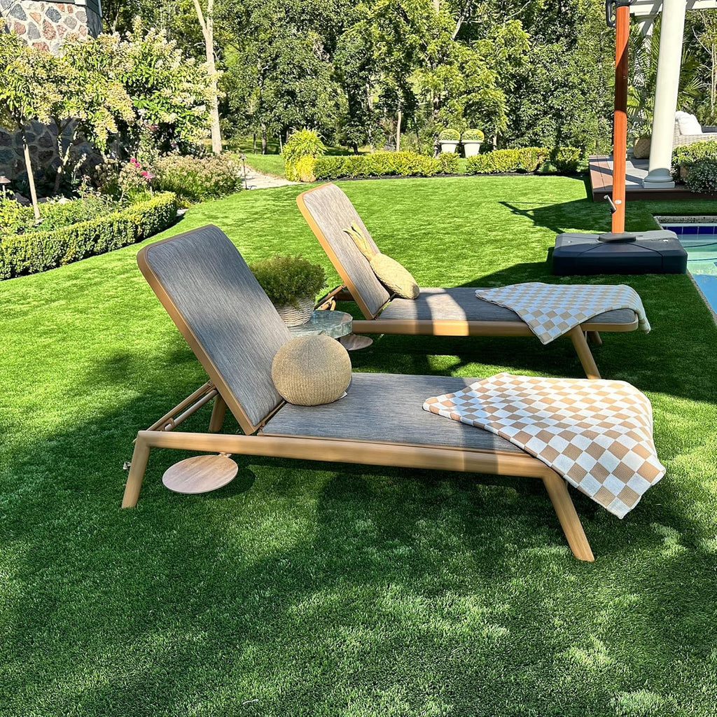 Patio Chaise Lounge with Quick-Dry Cushion Adjustable Back Teak | Heavy-duty Frame, Pull-out Table, 1.54" Soft