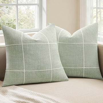 2 Packs Grid Embroidery Throw Pillow Covers, 18x18 Inch Light Sage Green, Farmhouse Linen Decorative Light Green