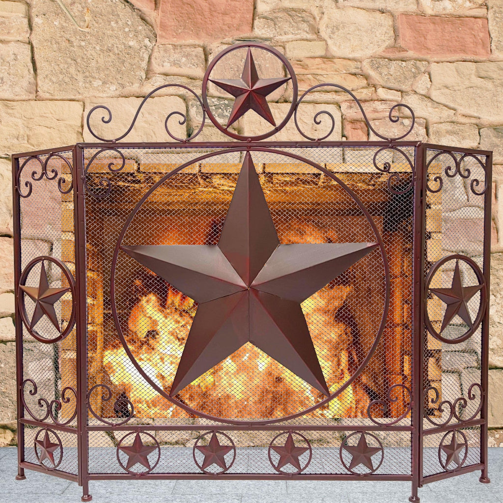 3-Panel Fireplace Screen Decorative - Rustic Brown Star Detail