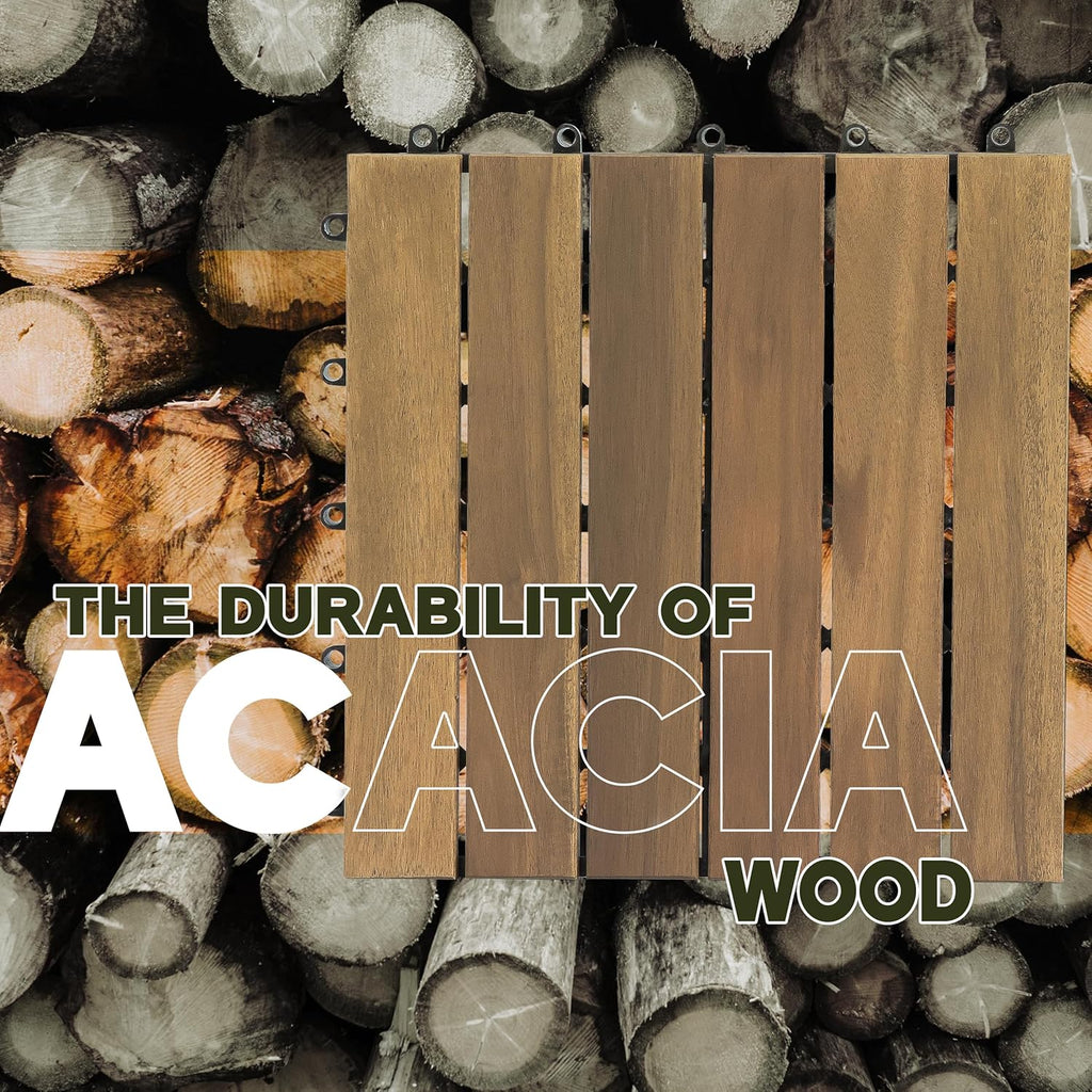 Natural Acacia 12x12 Interlocking Wood Deck Tiles for Balcony, Garden, Patio, Poolside Decor - Waterproof Indoor &